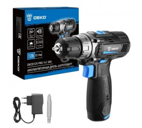 Дрель-шуруповерт аккумуляторная DEKO DKCD12 PRO, 12В, 1х1,5 Ач,