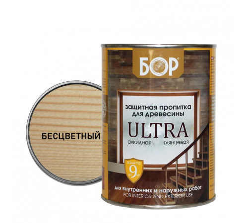Пропитка защитная БОР ULTRA тонирующая алкидная глянцевая БЕСЦВЕТНАЯ 0,75кг